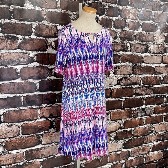 Chico's Dress Purple Pink Ikat Print Short Sleeves Stretchy Size Small 4P - Picture 5 of 12